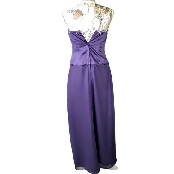 Formal Rhinestone Embellished Bodice  Strapless Purple Satin Long Gown Dress - Picture 6 of 11